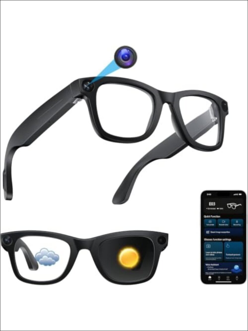 AI Smart Glasses 8MP Camera 1080P HD Video Bluetooth Translation